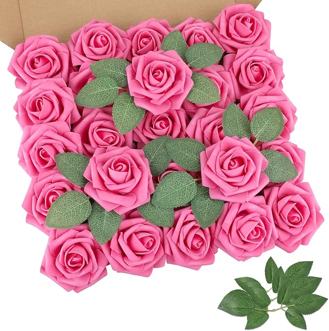 AmyHomie 25pcs Real Looking Artificial Hot Pink Roses w/Stem by AmyHomie