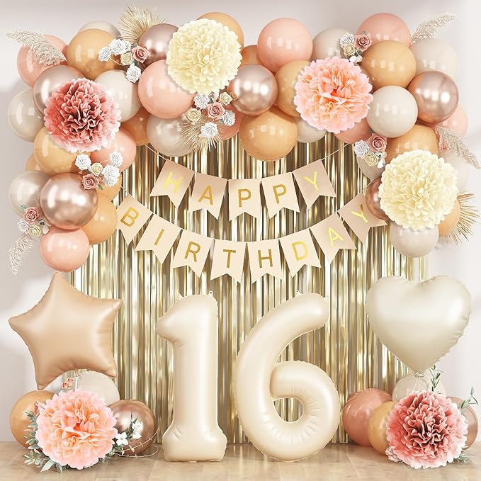Beige 16th Birthday Decorations Girls Boys Cream Number 16 Balloon Nude Gold by KAINSY