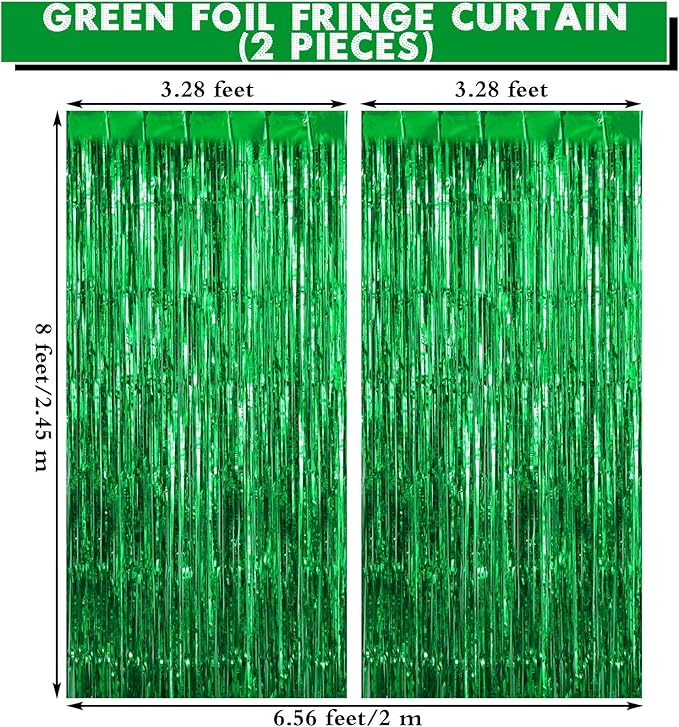 2 Pack Green Fringe Curtains Foil Shiny Fringe Backdrop Tinsel Door Streamers - Image 2