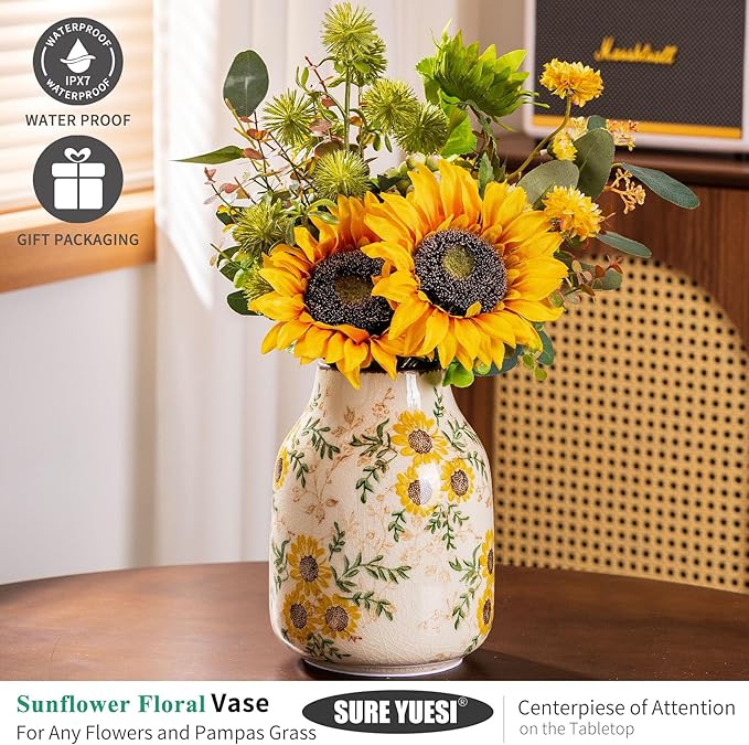 Sunflower Vintage Ceramic Yellow Floral Vase, Table Centerpieces, Kitchen - Image 5