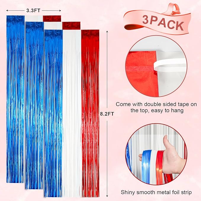 3 Pack 3.3 x 8.2 ft Red White and Blue Foil Fringe Backdrop Curtains, Tinsel - Image 3