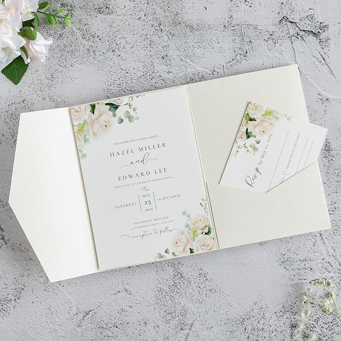 20 PCS Ivory Tri-fold Laser Cut Wedding Invitation Pockets by FEIYI
