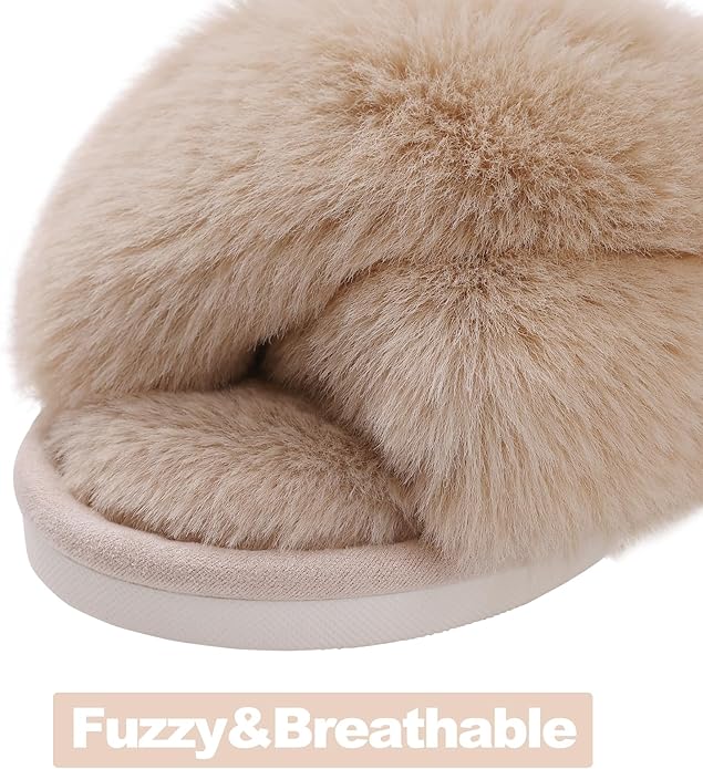 Evshine Women's Fuzzy Slippers Cross Band Memory Foam House Slippers Open Toe - Image 3