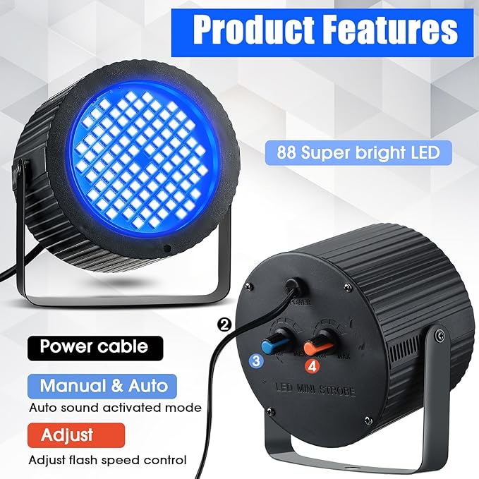 Funtery 2 Pcs Bright White Strobe Light 88 LEDs Flash Party Lighting Speed and - Image 2