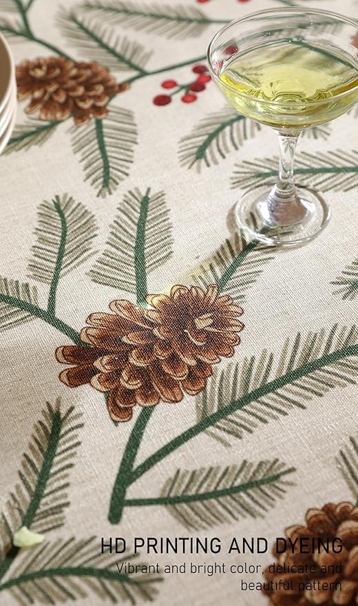 ISAENNE Designer Christmas Beige Linen Small Round Tablecloth, Pinecones - Image 3