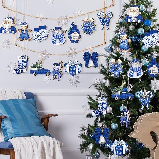 Suzile 36 Pcs Christmas Wooden Ornaments Blue Christmas Ornaments - Image 5