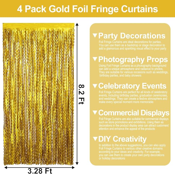 4 Pack Gold Wave Foil Fringe Curtain Backdrop, 3.28Ft x 8.2Ft Metallic Tinsel - Image 2