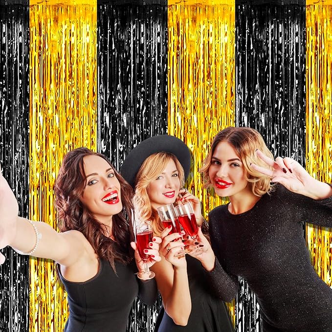 4 Pack Black Gold Foil Fringe Curtain Backdrop, 3.28Ft x 8.2Ft Metallic Tinsel - Image 6