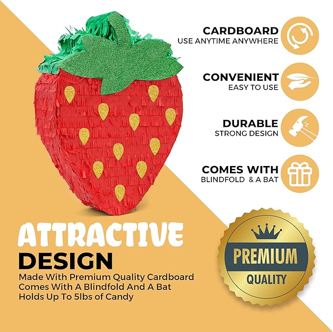Strawberry Pinatas Bundle with a Blindfold and a Bat, Fruit Theme Parties - Image 4