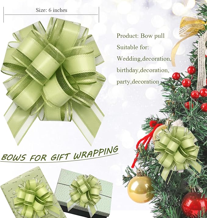 6 Count Large Pull Bows, 6 inches, Valentine's Day, Bean Green - Image 3