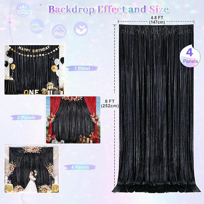 Black Backdrop for Parties 4 Panels 4.8x8FT Sequin Curtains Backdrop Drapes - Image 4