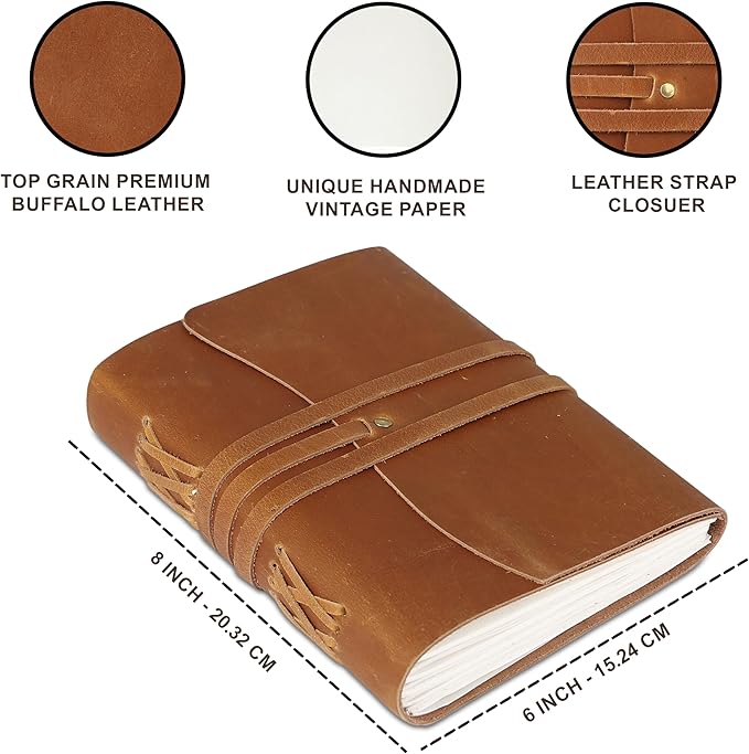 KomalC Tan Handmade Leather Journal | 8x6 Inch Vintage Writing Notebook Unlined - Image 3