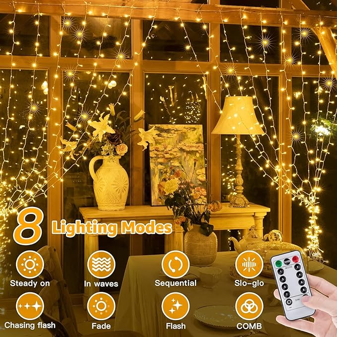 Ollny 2 Pack Curtain String Lights Warm White, 400LED 6.6x6.6ft Fairy Lights - Image 4