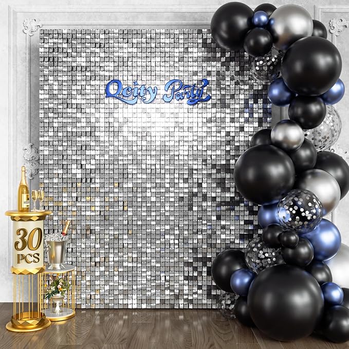 Qcity Silver Shimmer Wall Backdrop 30PCS, Square Sequin Glitter Backdrop Panel by QCITY