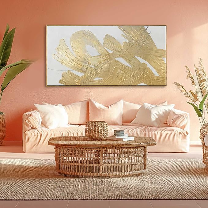 Gold Framed Canvas Art Abstract Wall Decor White Picture Decor 24"x48" Canvas - Image 2