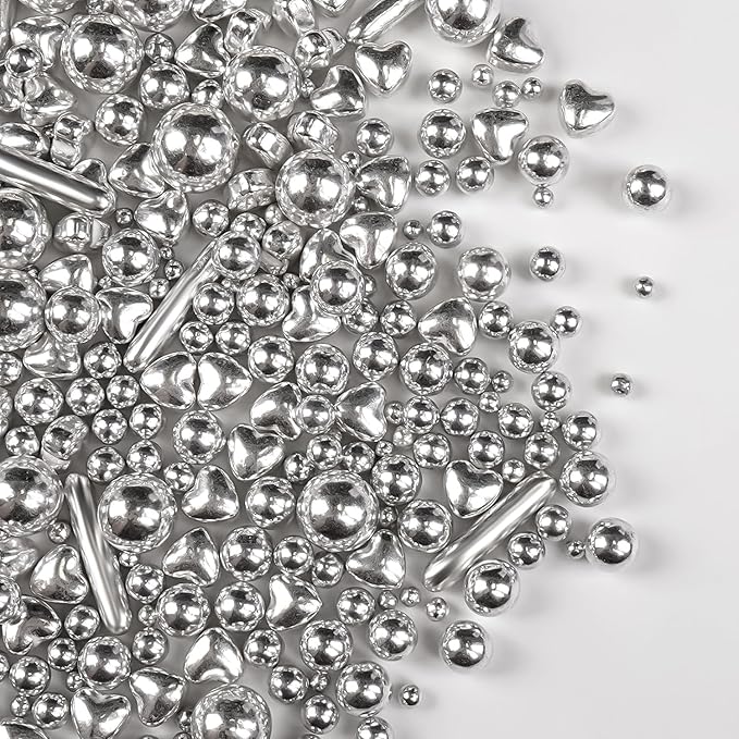 Silver Pearl Rods Heart Sprinkles, Baking Sugar, Mix Size, Cupcake Decoration by Joyvitas