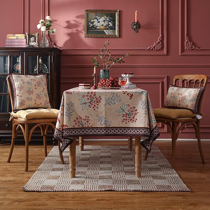 patdrea Designer Linen Extra Long Rectangular Table Cloth, Vintage Red Floral - Image 3