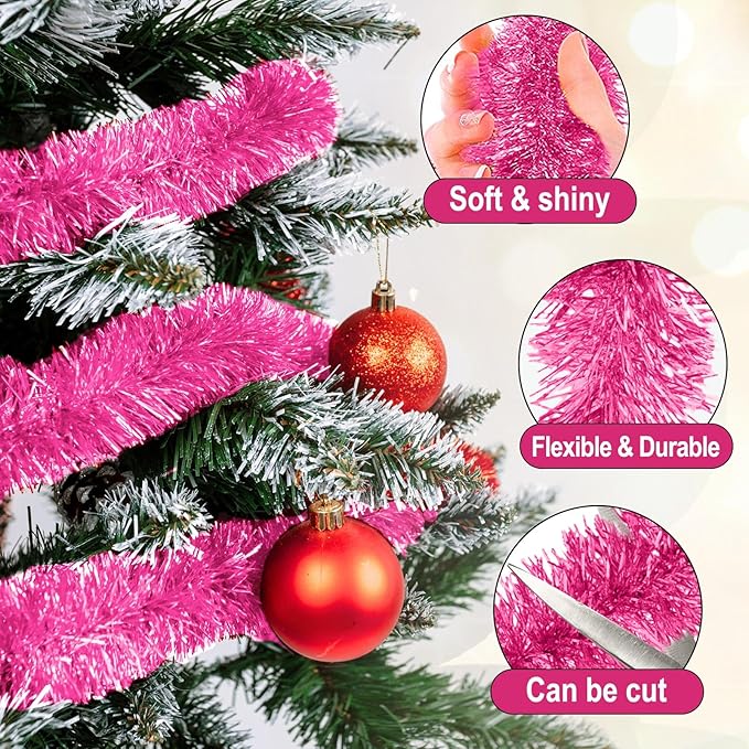 50 Feet Pink Christmas Tinsel Garland, Metallic Foil Twist Garland Wall Hanging - Image 3