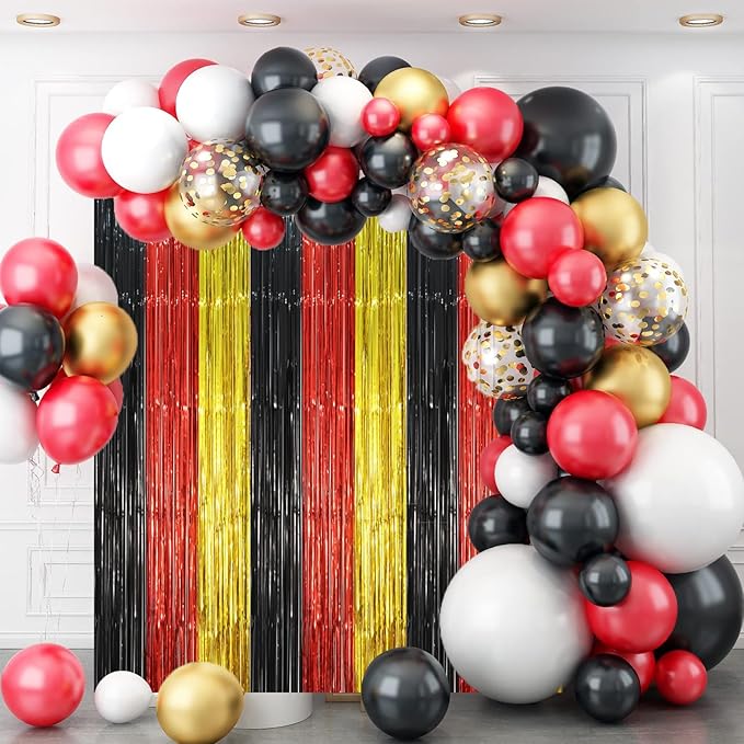 3 Pack 3.3 x 8.2 ft Red Black Gold Foil Fringe Backdrop Curtains, Tinsel - Image 5