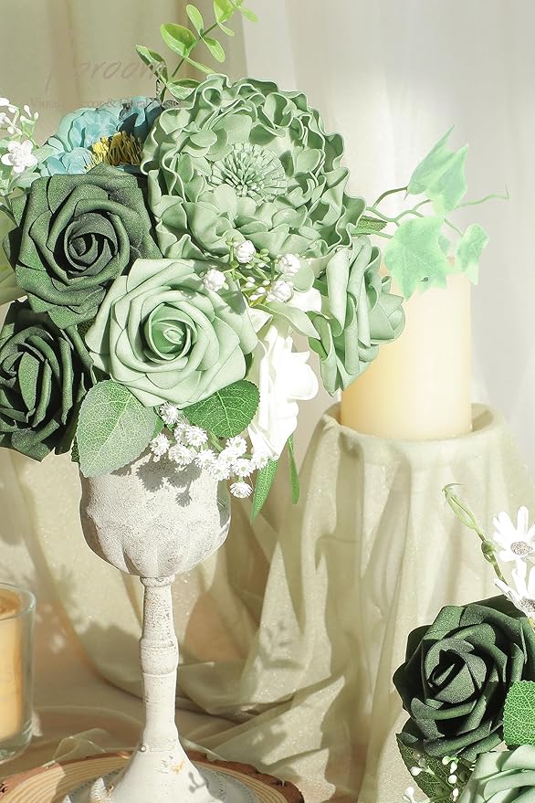 Floroom Artificial Flowers 25pcs Real Looking Sage Green & Emerald Green Foam - Image 5