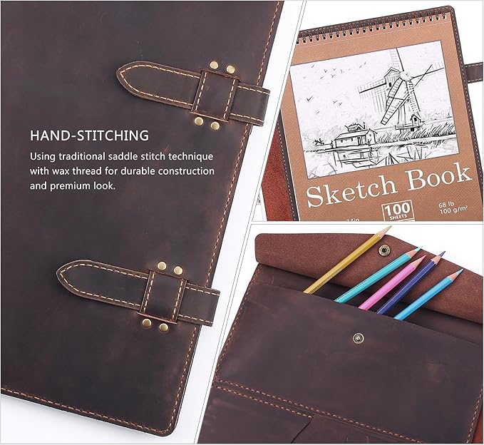 Robrasim Handmade Leather Sketchbook Cover, Artist Sketch Pad Holder - Image 4
