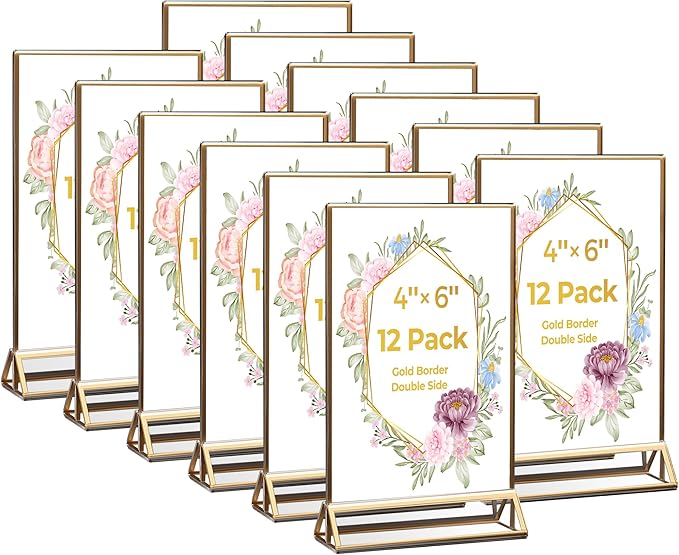 12 Pack Acrylic Sign Holder 4x6 Gold Frames, Wedding Table Number Holders by DECOHOBO