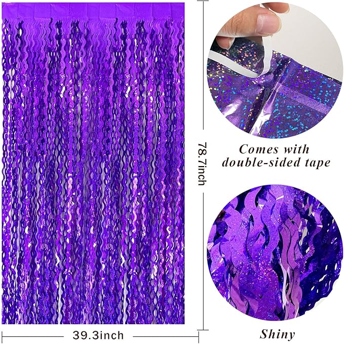 2 Pack Purple Backdrop Tinsel Foil Fringe Curtains Sparkle Metallic Wavy Foil - Image 2