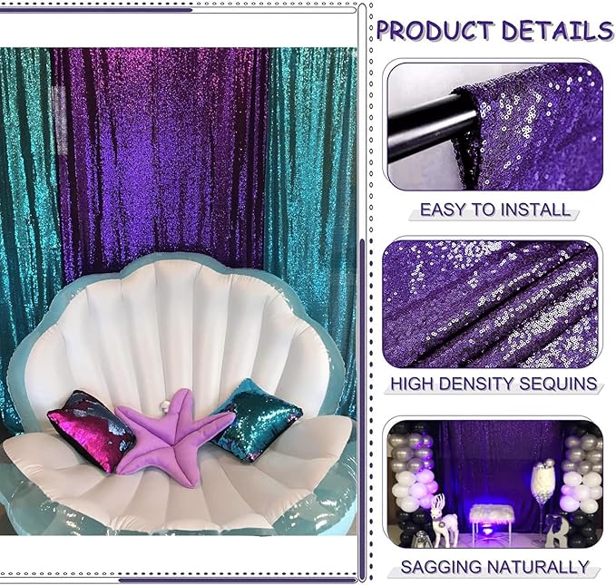 Purple Sequin Backdrop 10FTx10FT 1 Panel Sparkle Curtain Glitter Metal - Image 3