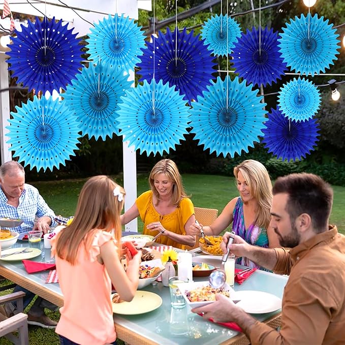 BestoFun 12PCS Paper Fans Blue Party Decorations Tissue Paper Flowers - Image 7