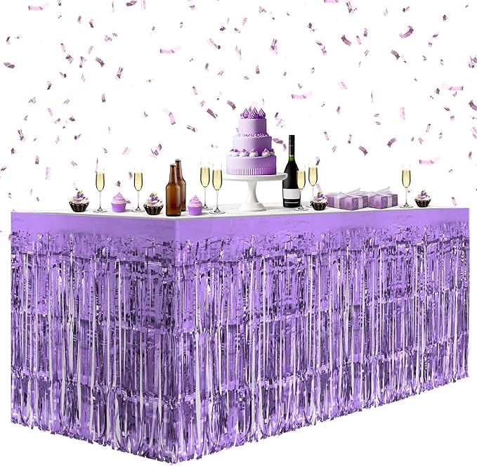 2 Pack Light Purple Table Skirts, 29x108" Metallic Foil Tinsel Fringe Table by Unknown