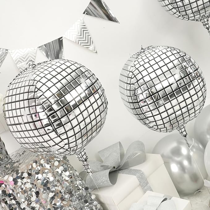 Disco Ball Balloons 4PC, Foil Disco Balloons 22 Inch 4D Round Metallic Silver - Image 3