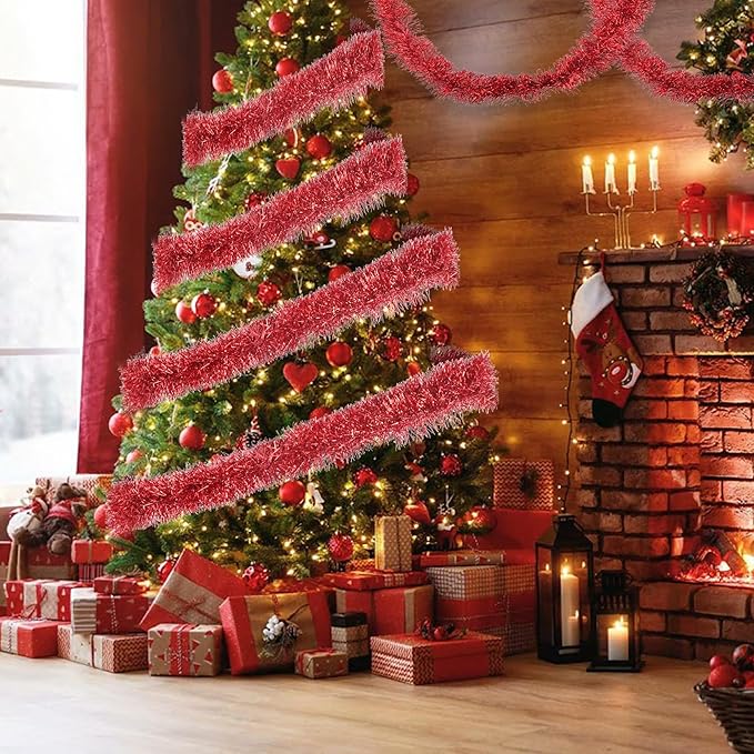 32.8 Ft Red Christmas Tinsel Garland Metallic Shiny Tassle Banner Wall Hanging - Image 6