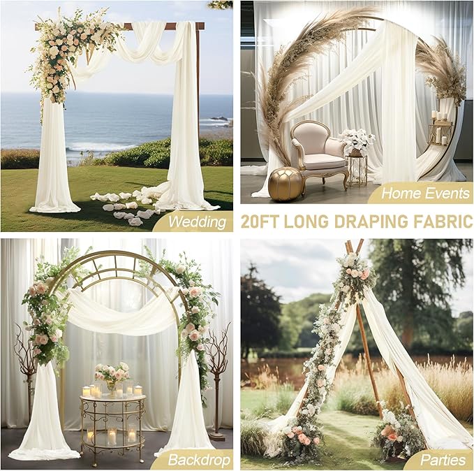30" x 20Ft Wedding Arch Draping Fabric, 2 Panels Ivory Sheer Curtain Drapes - Image 6