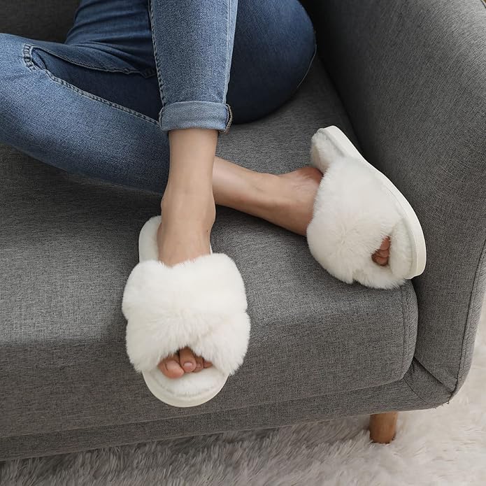 Evshine Women's Fuzzy Slippers Cross Band Memory Foam House Slippers Open Toe - Image 2