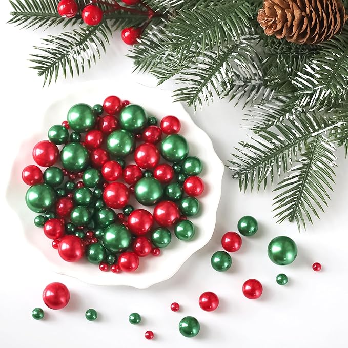 260Pcs Red&Green Glossy Beads for Centerpiece Decor, Artifical Pearls Vase - Image 3