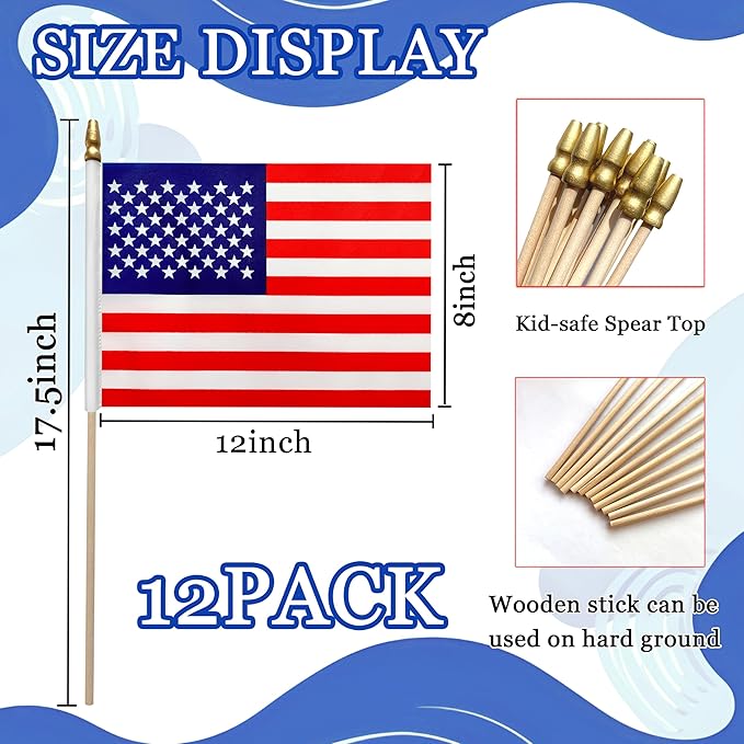 WEITBF 12Pcs 8×12 Inch Small American Flags on Stick Mini USA Flags US Handheld - Image 2