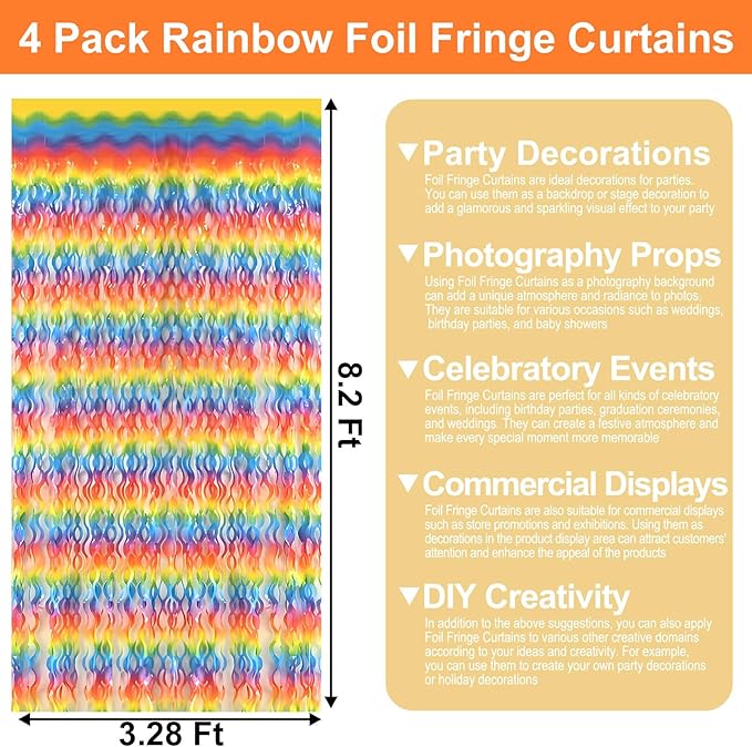 4 Pack Dark Rainbow Wave Foil Fringe Curtain Backdrop, 3.28Ft x 8.2Ft Metallic - Image 2