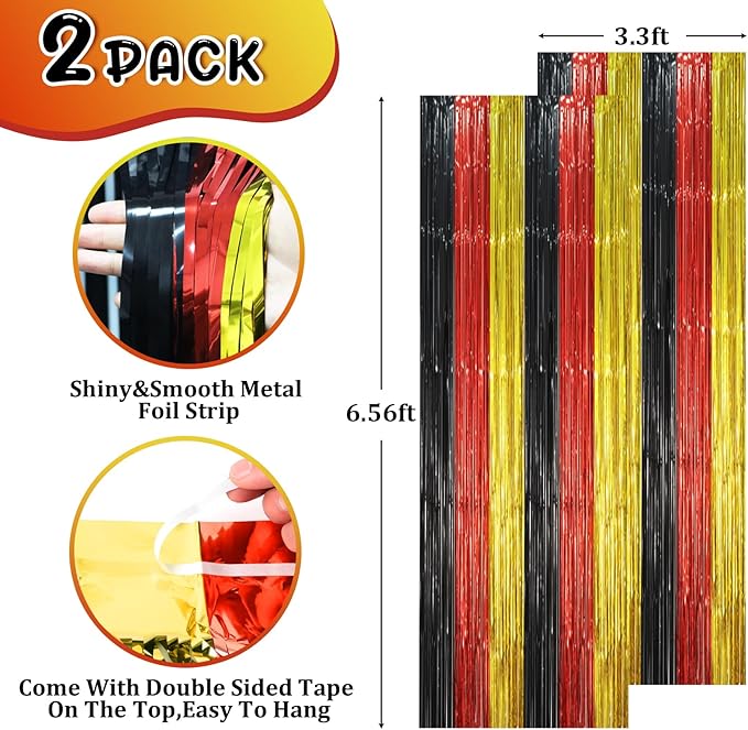 2 Pack Red Black Gold Foil Fringe Backdrop Curtains, Tinsel Streamers Party - Image 2