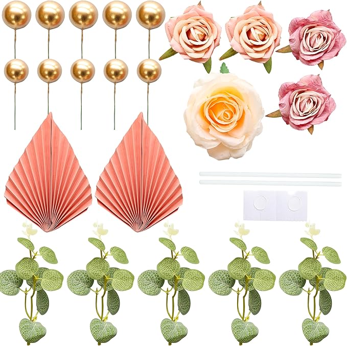 Gyufise 22Pcs Rose Artificial Flower Leaves Cake Topper Decorations Gold - Image 4