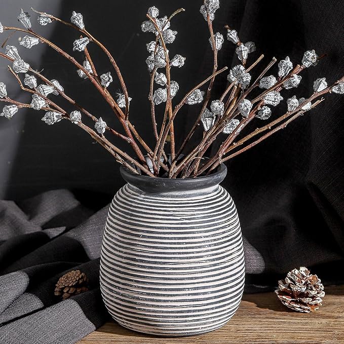Ceramic Rustic Vase, 7.48" Flowers Pottery Vases Home Decor Round Wide-Mouth - Image 8