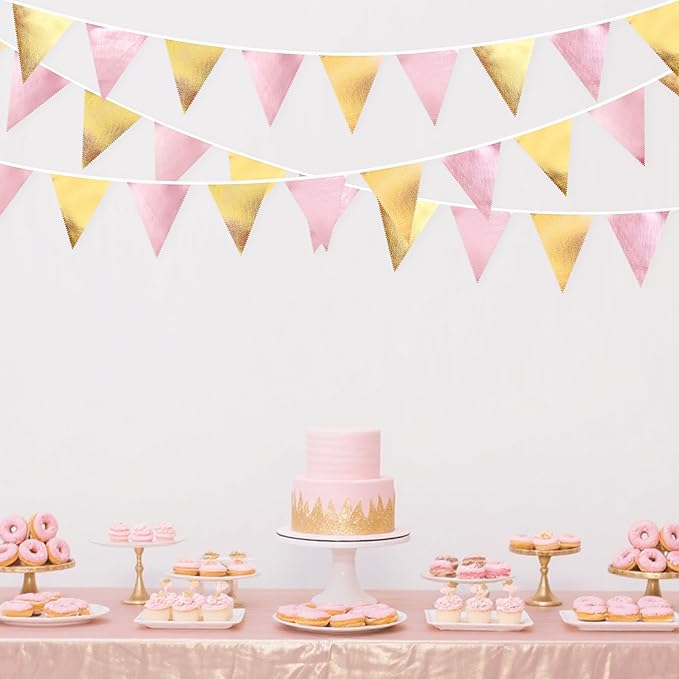 Pink Gold Party Decoration Metallic Fabric Light Pink Gold Triangle Pennant - Image 4