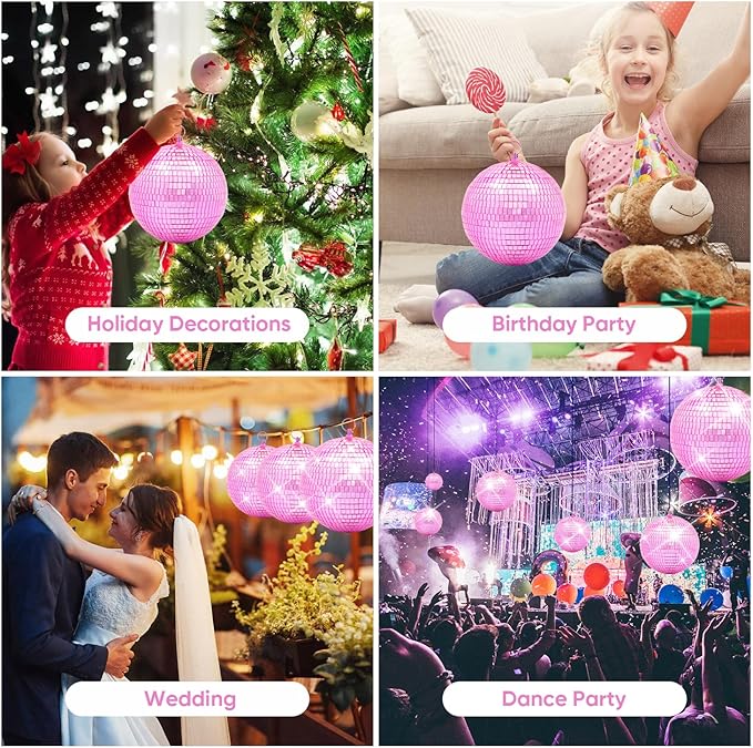 Mirror Disco Ball Decor with Hanging Ring 8" Large Pink Disco Ball Ornament - Image 7