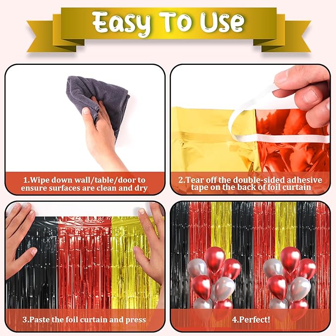 2 Pack Red Black Gold Foil Fringe Backdrop Curtains, Tinsel Streamers Party - Image 3