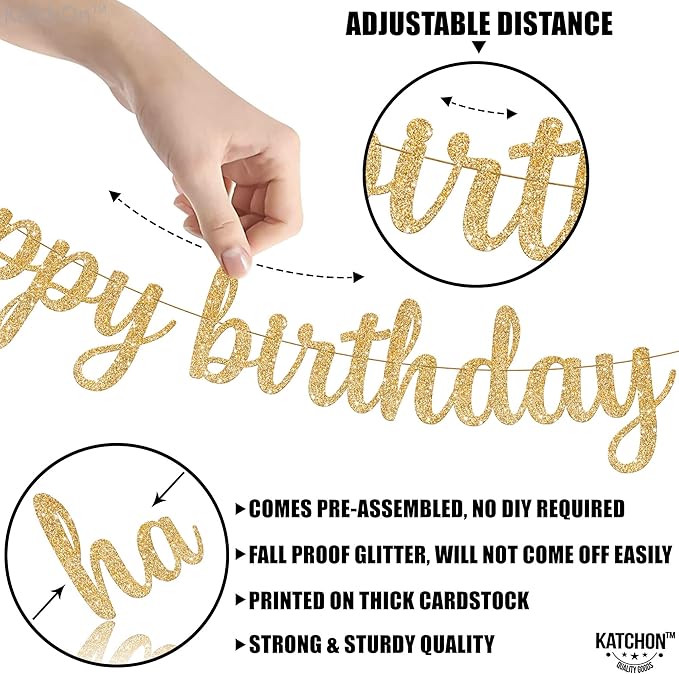 KatchOn, Glitter Cursive Gold Happy Birthday Banner - Image 3