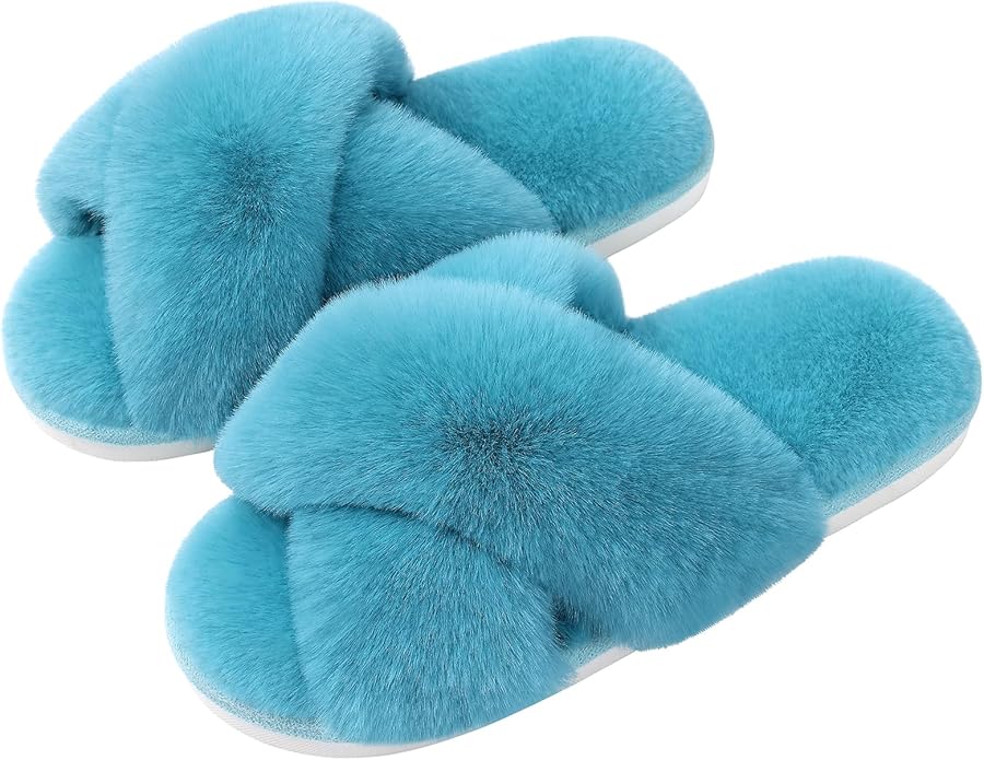 Evshine Women's Fuzzy Slippers Cross Band Memory Foam House Slippers Open Toe by Evshine