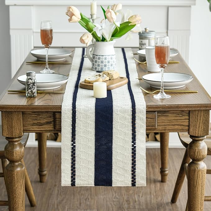 Artoid Mode Dark Blue Farmhouse Woven Rustic Table Runner, Seasonal Holiday - Image 2