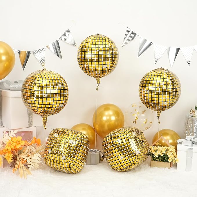 Disco Ball Balloons 4PC, Foil Disco Balloons 22 Inch 4D Round Metallic Gold - Image 2
