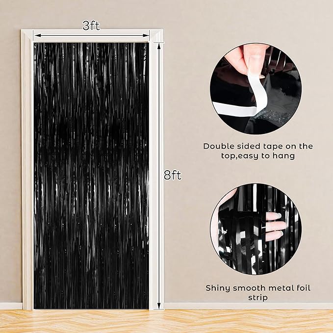 BTSD-home 4 Pack Black Foil Fringe Curtain Backdrop Metallic Photo Booth - Image 3