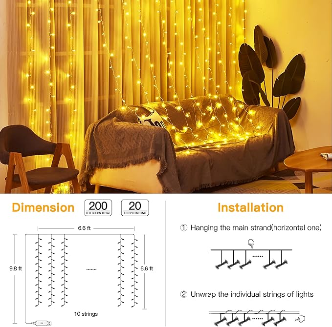 Ollny Curtain Lights 6.6x6.6ft, 200 LED String Lights - Image 6