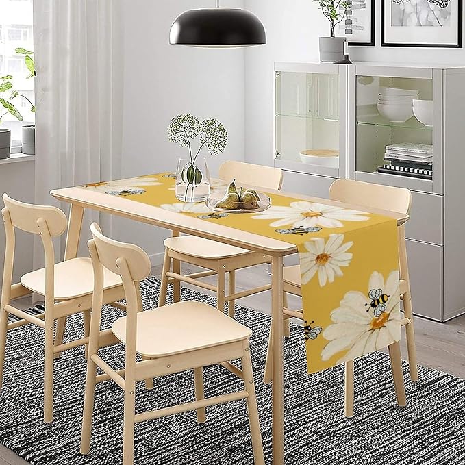 Daisy Flower Table Runner, Summer Spring Seasonal Watercolor Wildflower Yellow - Image 2
